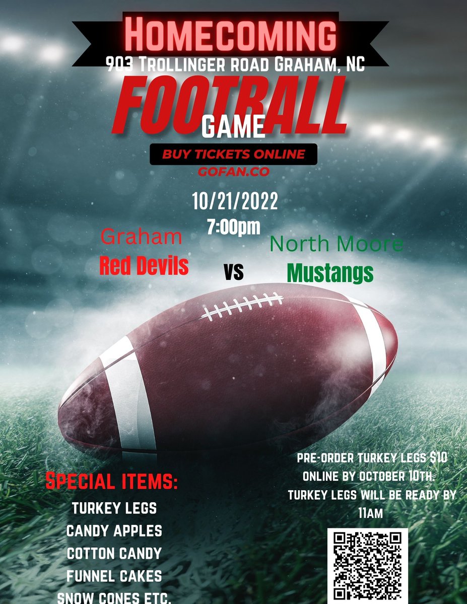 Please support the GHS DECA and Sports Entertainment Club fundraiser. We are raising funds for a field trip to Charlotte. Pre-sale TURKEY LEG orders should be placed by 10/13/22. Also join us for the GHS Homecoming Game 10/21. See the attached flyer for details.