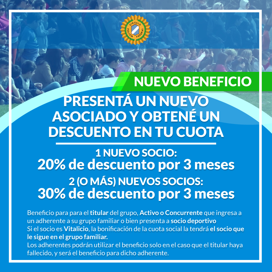 #BeneficiosCPF │ Promoción para socios titulares, activos o concurrentes.
👨‍👩‍👧‍👦 Podés adherir nuevos miembros al grupo familiar o bien traer a nuevos socios deportivos🏀🏐🏉
✔️1 nuevo socio: 20% de descuento por 3 meses
✔️ 2 o más nuevos socios: 30 % de descuento por 3 meses.