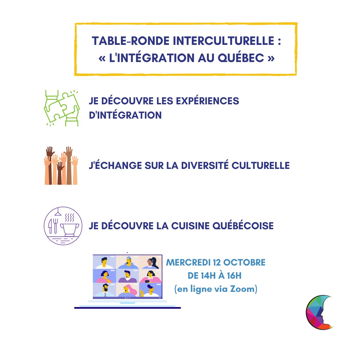 CentrEcouteUQAM's tweet photo. 🔔 Participez à notre prochaine table-ronde interculturelle! 🔔
Nous vous donnons rendez-vous le mercredi 12 octobre de 14h à 16h pour notre prochaine table-ronde interculturelle qui portera sur l'intégration au Québec. 
→ https://t.co/VPyQC7K1qA
À bientôt! https://t.co/4VYGuvJBxT