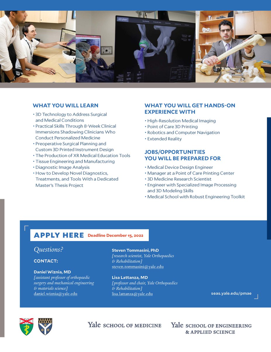 OrthoAtYale's tweet photo. The MS Program in #PersonalizedMedicine &amp; #AppliedEngineering is accepting applications. Info sessions/video/more: https://t.co/lKflkypjnK. Instructors from @OrthoAtYale @YaleSEAS @YaleMed.

#OrthoTwitter #MedTwitter #MedStudentTwitter #MedicalSchool #MedSchool #Engineering #3D https://t.co/ugFw11zSuO