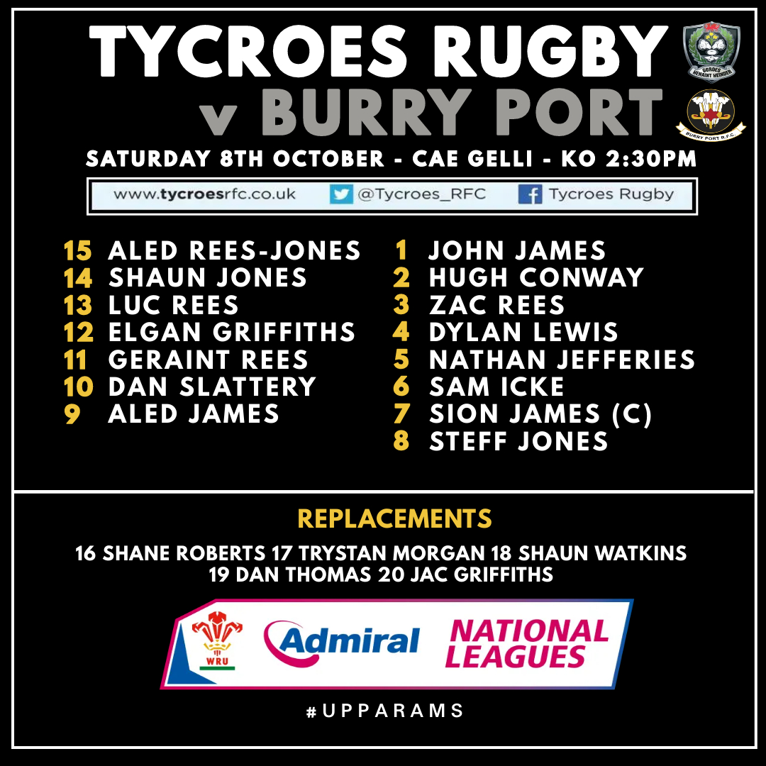 🚨 𝗧𝗘𝗔𝗠'𝗦 𝗨𝗣 🚨

Here's how we lineup for tomorrow's Admiral 2 West encounter against Burry Port.

🔙 Geraint Rees, John James &amp; Steff Jones return
🔄 Second Row Dylan Lewis plays on permit
©️ Sion James leads the side out for the first time

#WeGoAgain #UppaRams #Tycroes