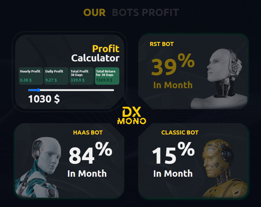 MonoDX_Info's tweet photo. On the main page of our site https://t.co/YSvPRuIm4e you can see a miniature calculator, for a quick calculation of profits.
You can see more information about Bots in "Bots Info"
#Bot #Bots #CryptoBot #CryptoBots #Robot #Robots #CryptoRobot #CryptoRobots #MonoDX https://t.co/P9xMHirHwq