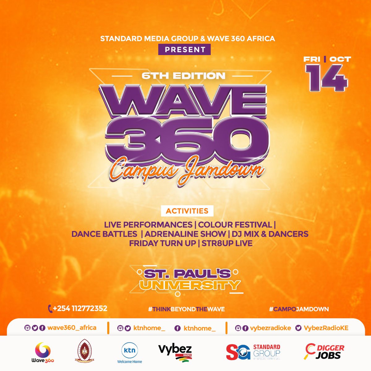 VybezRadioKE's tweet photo. We’re coming in hot with @Wave360_africa & @ktnhome_ to bring you another Edition of Campus Jamdown💥.
Location ni @St. Pauls University.
Crazy activities lined up,you better save the date😉🕺
#wave360 #campusjamdown #str8up #adrenalinedrive https://t.co/J6dXopBR9k