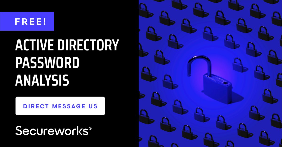 To celebrate #CyberMonth, the Secureworks Adversary Group is offering FREE #ActiveDirectory Password Analysis using the Secureworks Kraken, our 1.4 trillion password-per-second cracking tool 🦑🔓

⏱️ PS: Hurry, only 25 slots remaining. DM US!