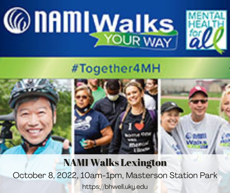 UKBHWELL's tweet photo. BH WELL is a proud participant of #NAMIWalks Lexington. We will join our #EasternStateHospital partners as part of the Ambulator team. 
Join us! October 8, 2022 10am-1pm #MastersonStationPark

https://t.co/VtiaoiZPyM

#NAMI #MIAW #Recovery #Wellness #MentalHealth https://t.co/Of30tW5POu