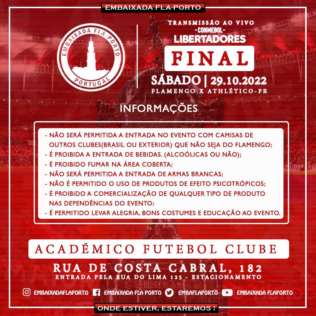 embaflaporto's tweet photo. VAMOOOOOS! O evento que vai parar o Porto ���❤️ #FlaPorto #Libertadores #VamosFlamengo #Portugal https://t.co/vAviqkUUTA