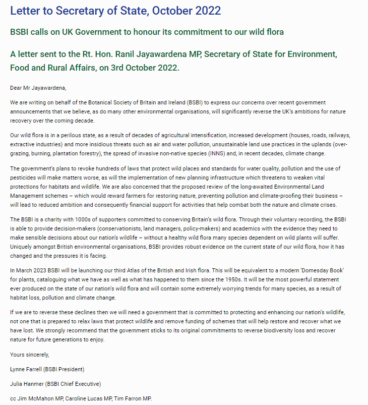 This week we wrote to <a href="/ranil/">Sir Ranil Jayawardena</a> expressing our concern at the #AttackOnNature.
We call on #UKGovt to honour its commitment to our wild flora, to reverse biodiversity loss &amp; to recover nature for future generations: 
bsbi.org/letter-to-secr…
<a href="/JuliaHanmer/">Julia Hanmer</a> <a href="/LFarrellBSBI/">Lynne Farrell BSBI President</a> <a href="/BSBIscience/">Kevin Walker</a>
