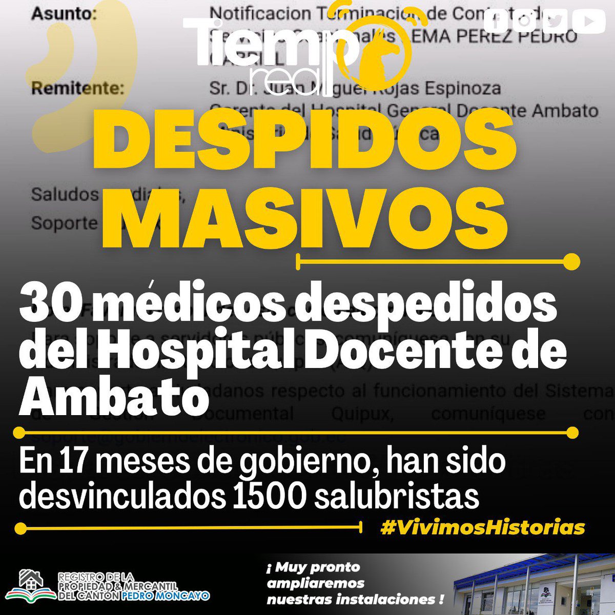 TiempoRealEC's tweet photo. 🆘.#ALERTA | @CIDH 
🛑 Fueron notificados con el despido 30 médicos especialistas, residentes y administrativos del Hospital docente de #Ambato perteneciente a @Salud_Ec 
🛑 @Reaccion_Ec lleva un registro y señala que son 1.500 salubristas despedidos en este Gobierno https://t.co/YPHwQB28YY