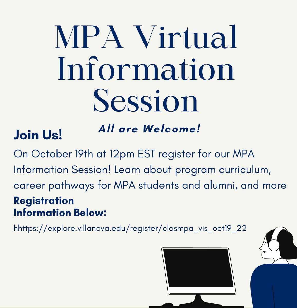 VU_PADepartment's tweet photo. Join us for our MPA Information Session on October 19 at 12 pm EST! Learn about program curriculum, career pathways for MPA students and alumni, and more. Register now: https://t.co/2vju81HtM5 #VillanovaMPA #MPAYourWay https://t.co/KgeuTC2HWH