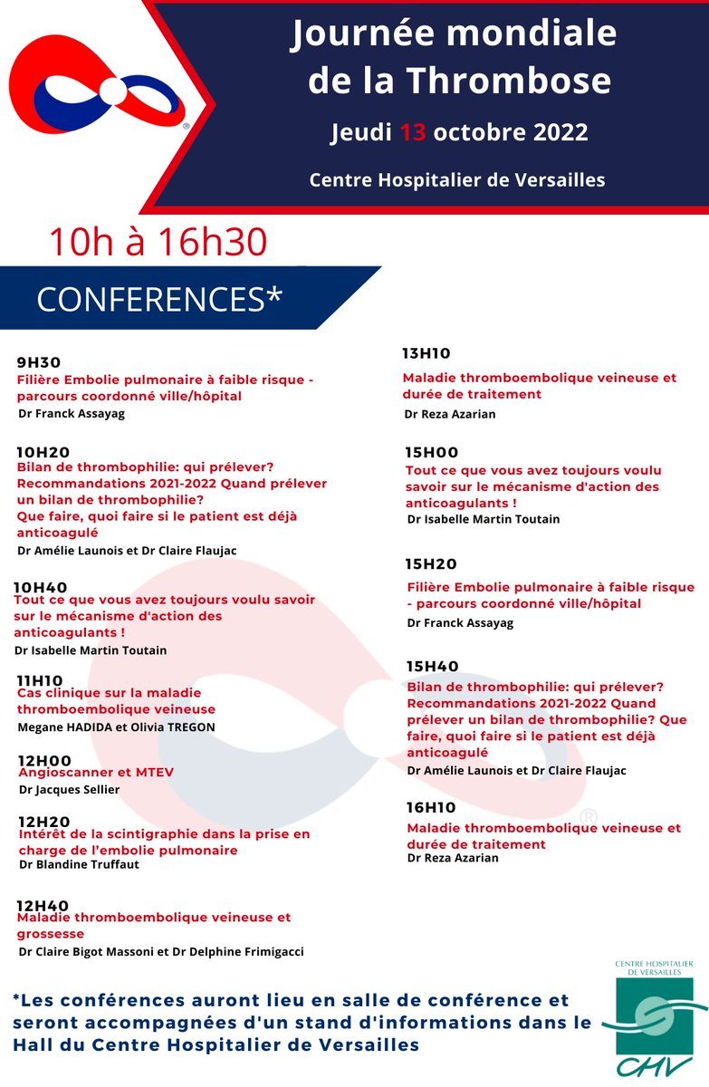 🌍La journée mondiale de la #Thrombose aura lieu jeudi 13 octobre, à cette occasion se tiendra un stand d'informations à l'hôpital Mignot et de nombreuses conférences toute la journée.

🗓Vous pourrez retrouver le programme complet des conférences ci dessous 👇👇