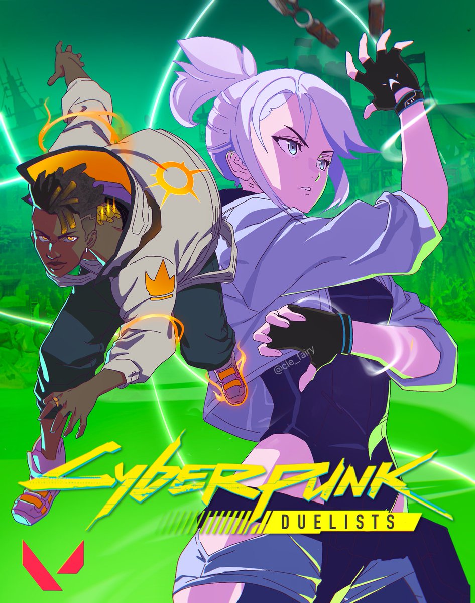 [FANART] Cyberpunk X VALORANT thought the show poster would look cool as Jett and Phoenix 💛💚💙