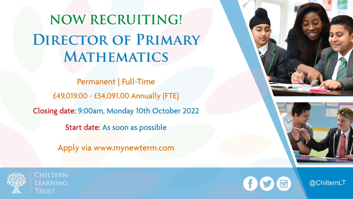Six brilliant jobs to apply for <a href="/ChilternLT/">Chiltern Learning Trust - Bedfordshire</a> via <a href="/mynewterm/">MyNewTerm</a> . 4 Fab Asst Head vacancies <a href="/ChilternA/">ChilternAcademy</a> <a href="/PutteridgeHSch/">PutteridgeHighSchool</a> <a href="/Cedars_Upper/">Cedars Upper School</a> . Primary Director of Maths in our central team. Exams officer <a href="/DaubeneyAcademy/">Daubeney Academy | Bedford</a> . Pls share or apply! <a href="/unleashing_me/">Unleashing Me</a> <a href="/Douggie954/">Ian Douglas</a> @DavidGraham_PHS