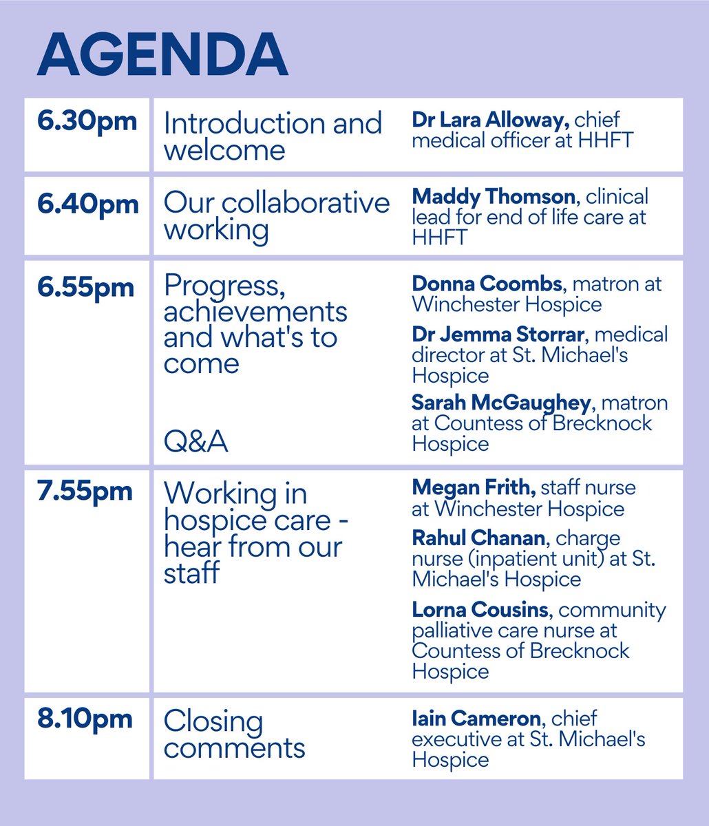 📣Our agenda is out for Care in conversation!

Speakers include Donna Coombs, our matron, Dr Jemma Storrar of <a href="/smhbasingstoke/">St. Michael's Hospice</a> and Sarah McGaughey of @CoBHospice!

You can now read the full list of speakers below!

Wed 12 Oct, 18:30

➡️Free virtual tickets: bit.ly/care-in-conver…