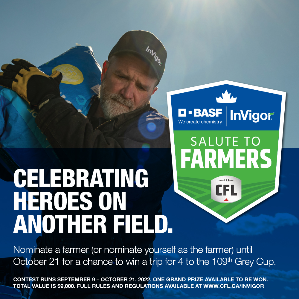 Our friends at @basfagsolutions want to help send someone to the 109th #GreyCup!  

Nominate a farmer until Oct. 21 👉 cfl.ca/invigor

#SaluteToFarmers
