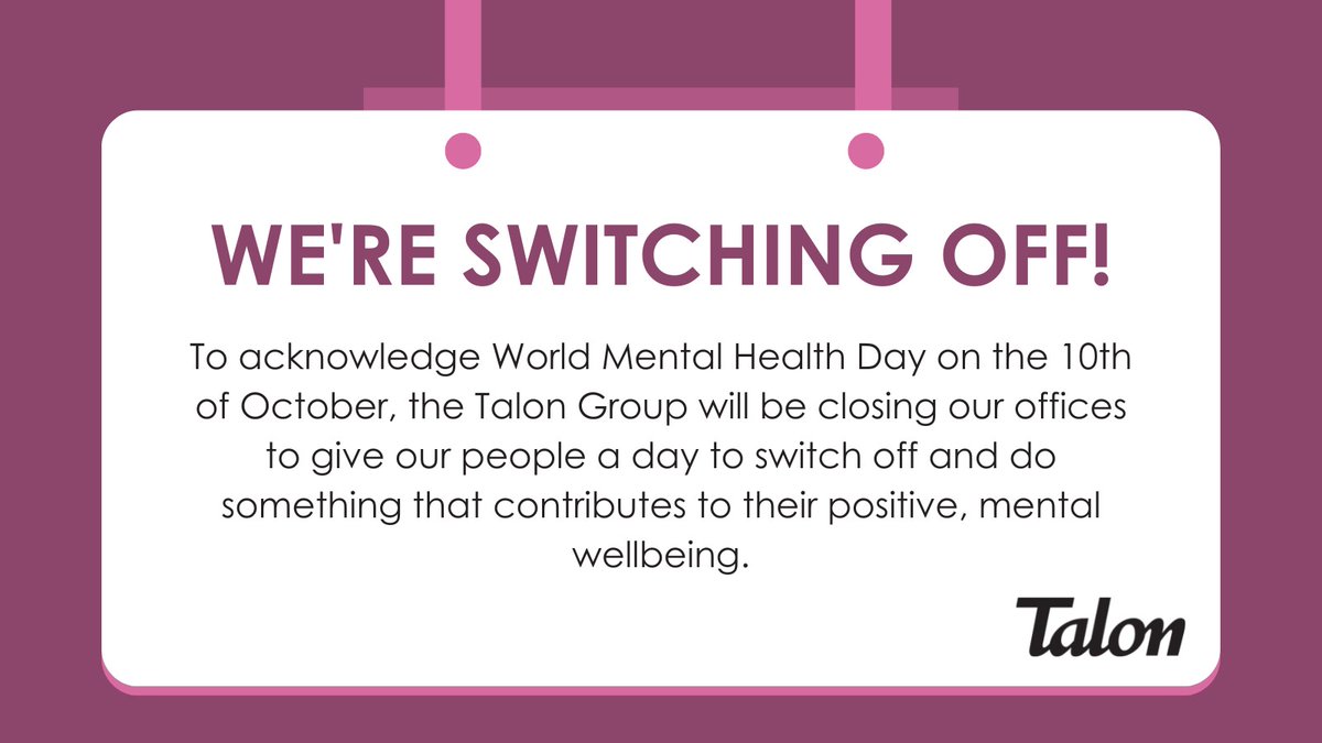 Monday, the 10th of October is #WorldMentalHealthDay2022.

At Talon we are marking the occasion with a global office closure giving our Talon Family the day off work to rest, recharge, and focus on their wellbeing.

We’ll be back online on Tuesday!