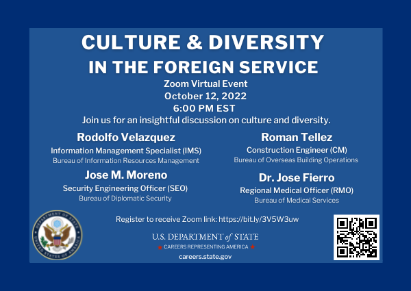 In honor of #HispanicHeritageMonth, join us on Oct. 12 at 6 PM EST for an insightful and dynamic panel discussion featuring four Department of State Foreign Service members.

Register now: ow.ly/4o5u50L4wCi

#IAmDiplomacy #CivilService #ForeignService