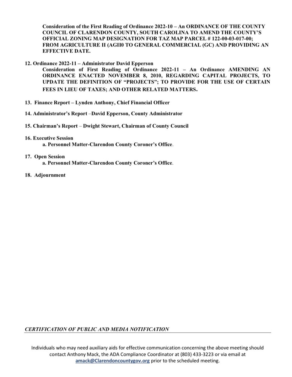 Clarendon County Council Meeting will be held  Monday, October 10, 2022 at 6:00 pm
📍Clarendon County School District
Cultural Arts Center, 12 Church Street
Summerton, South Carolina 29148