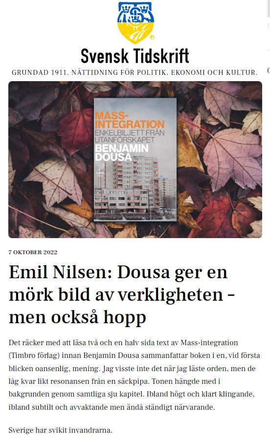 Jag har skrivit en bokrecension av Mass-integration av @BenjaminDousa Ni hittar den på Svensk Tidskrift. svensktidskrift.se/emil-nilsen-do…