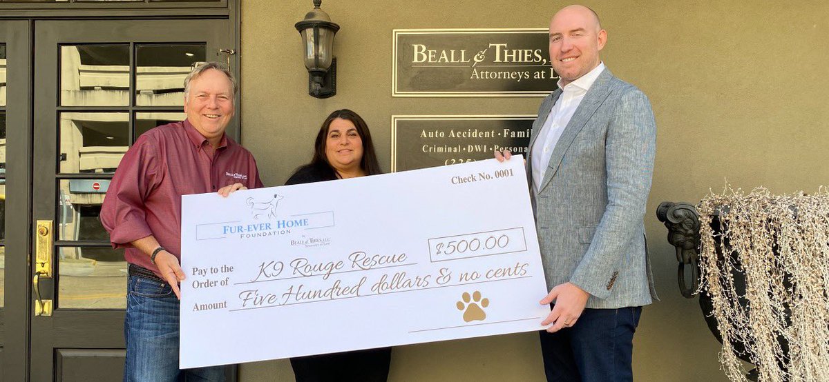 BeallThies's tweet photo. This morning the Beall &amp; Thies Fur-Ever Home Foundation made a donation to an incredible local dog adoption agency, K9 Rouge Rescue. Please check them out and help however you can. #dogsoftwitter #Louisiana #BatonRouge https://t.co/vf3NaU5oQG