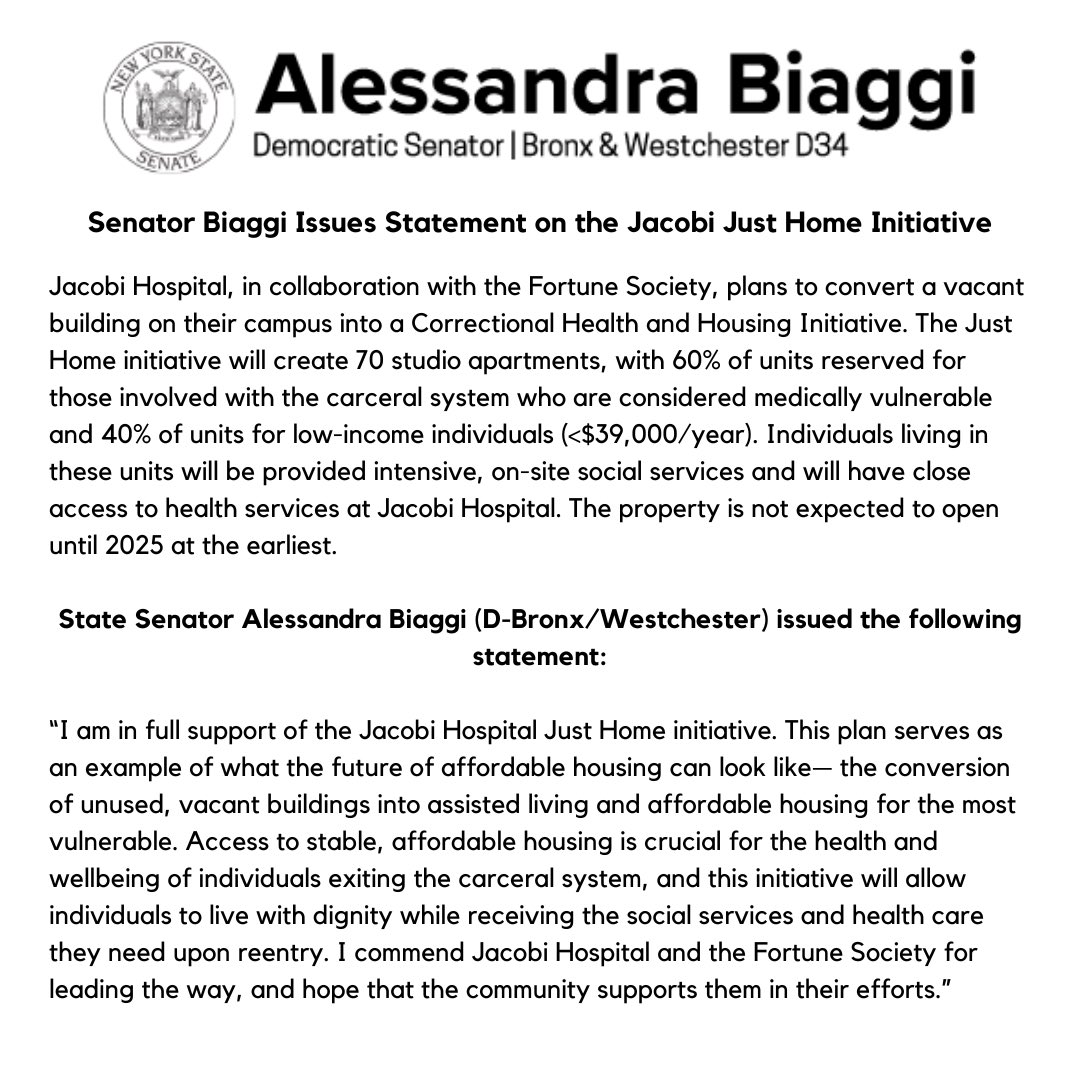 Jacobi Hospital plans to convert a vacant building on their campus into assisted living and affordable housing for the most vulnerable.

Read my statement on the Just Home initiative👇