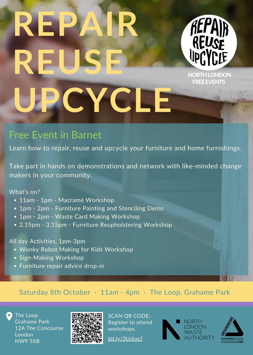 SteveNicola1's tweet photo. The Loop is hosting a day of upcycling workshops and crafts activities this Saturday 8th October 2022 on Grahame Park Concourse, from 11am - 4pm, in partnership with NLWA @GroundworkLON @connectNLWA @NHGhousing https://t.co/aIQQYVfDGu