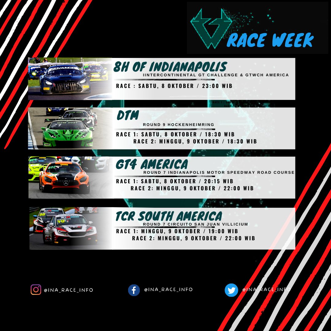 InaRaceInfo1's tweet photo. Berikut jadwal balap pekan ini, cek ALT untuk info trmpat nonton balap #f1 #f1mania #wsbk #nascarplayoffs #supercarschampionship #intercontinentalgtchallenge #gtworldcham #gt4america #tcrsouthamerica #vln #nls #euronascar #gtamerica #arrc #juniorgp  #raceweek #balapindo #balap https://t.co/aiW4AYGoH3