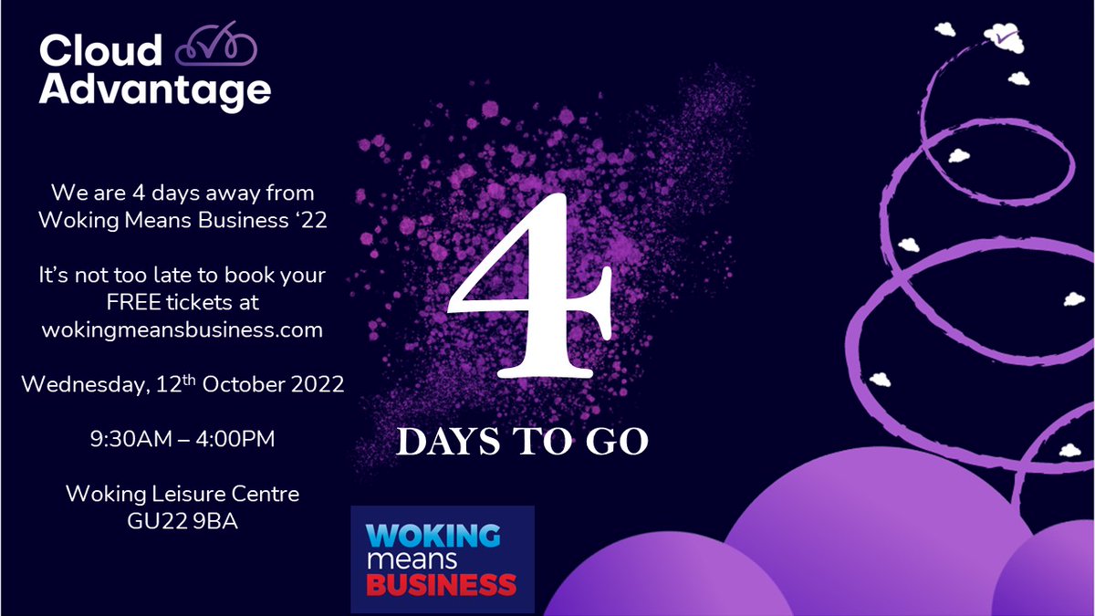 CldAdv's tweet photo. We are 4 days away from attending @WokingMeansBiz It's not too late to book your FREE tickets at https://t.co/6xFcAF8wVP 
#wmb2022 #wokingevents #wokingbusiness https://t.co/XPQb8rPY7X