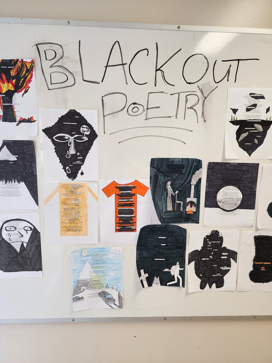 GarciaTVDSB's tweet photo. Our blackout poetry, self portraits, and one point perspective turned out amazing! Thanks for the ideas @mrccheney @SummersCorners #grade7 #art #reflection #identity #ourclassroom https://t.co/tvgqSkRrZs