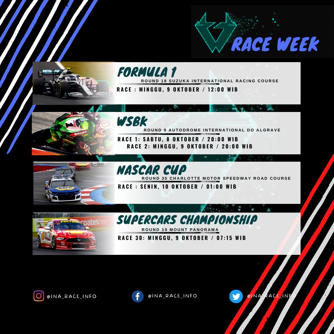 InaRaceInfo1's tweet photo. Berikut jadwal balap pekan ini, cek ALT untuk info trmpat nonton balap #f1 #f1mania #wsbk #nascarplayoffs #supercarschampionship #intercontinentalgtchallenge #gtworldcham #gt4america #tcrsouthamerica #vln #nls #euronascar #gtamerica #arrc #juniorgp  #raceweek #balapindo #balap https://t.co/aiW4AYGoH3