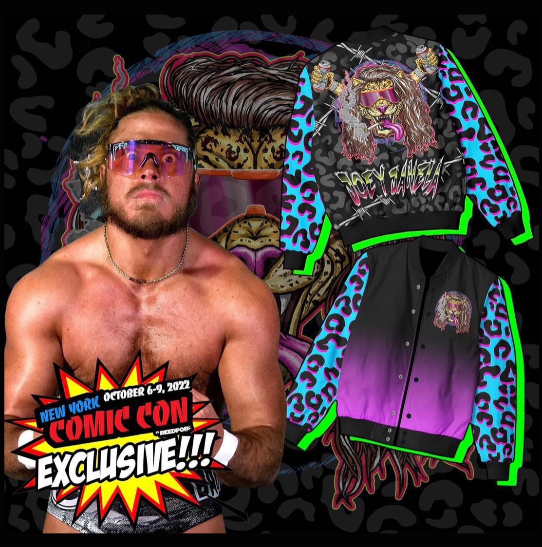 If you go to @NY_Comic_Con this weekend, head by the @NERDSClothingCo booth to see the #jacket I had the honor to provide #artwork for @JANELABABY

#NYCC #NYCC2022 #nerdsclothing #joeyjanela #gcw #NewYorkComicCon #jacket #prowrestling #Wrestling #wrestlingart #art #artist #design