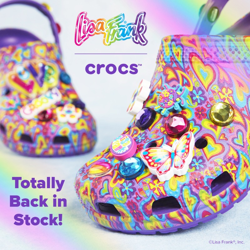 Crocs's tweet photo. Three words: ✨you need these✨. @LisaFrank is back and brighter than ever with limited-edition clogs and Jibbitz™ charms. 🌈