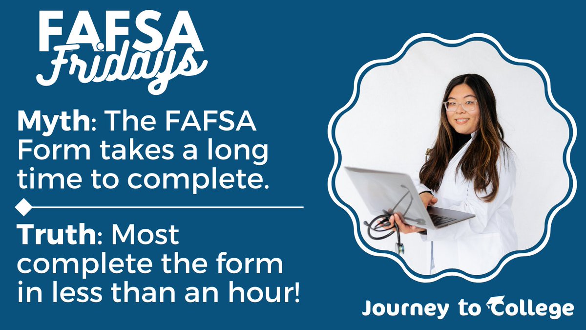 Journey2College's tweet photo. It's the first FAFSA Friday! Over the next few weeks, we will be addressing common misconceptions and mistakes associated with filing the FAFSA to make sure you are well-informed before filing one of your own. Get started on your FAFSA: https://t.co/Fo87NqDMkE
#FAFSA #StudentAid https://t.co/h4IwTl6SUD