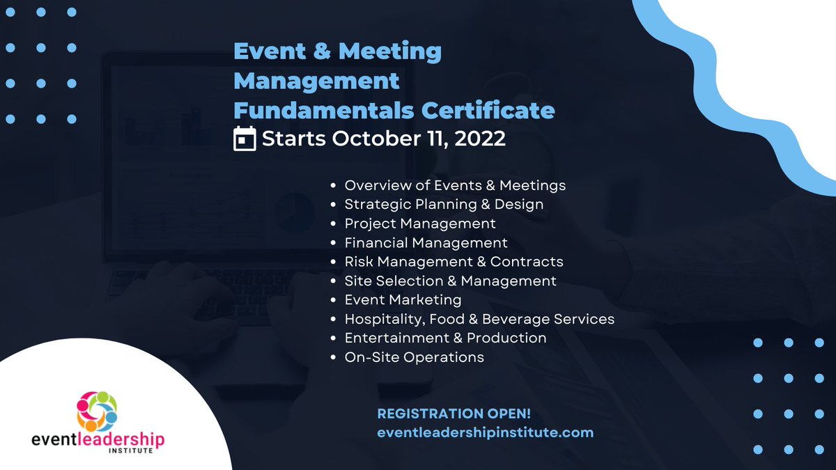 PCMAInstitute's tweet image. This comprehensive online course for new event planners begins October 11!

Learn more &amp;amp; register here: eventleadershipinstitute.com/courses/certif…

#eventprofs #eventleader #eventprofessionals #meetingplanners #meetingpros #professionaldevelopmentcourses  #neweventplanner #fundamentalskills