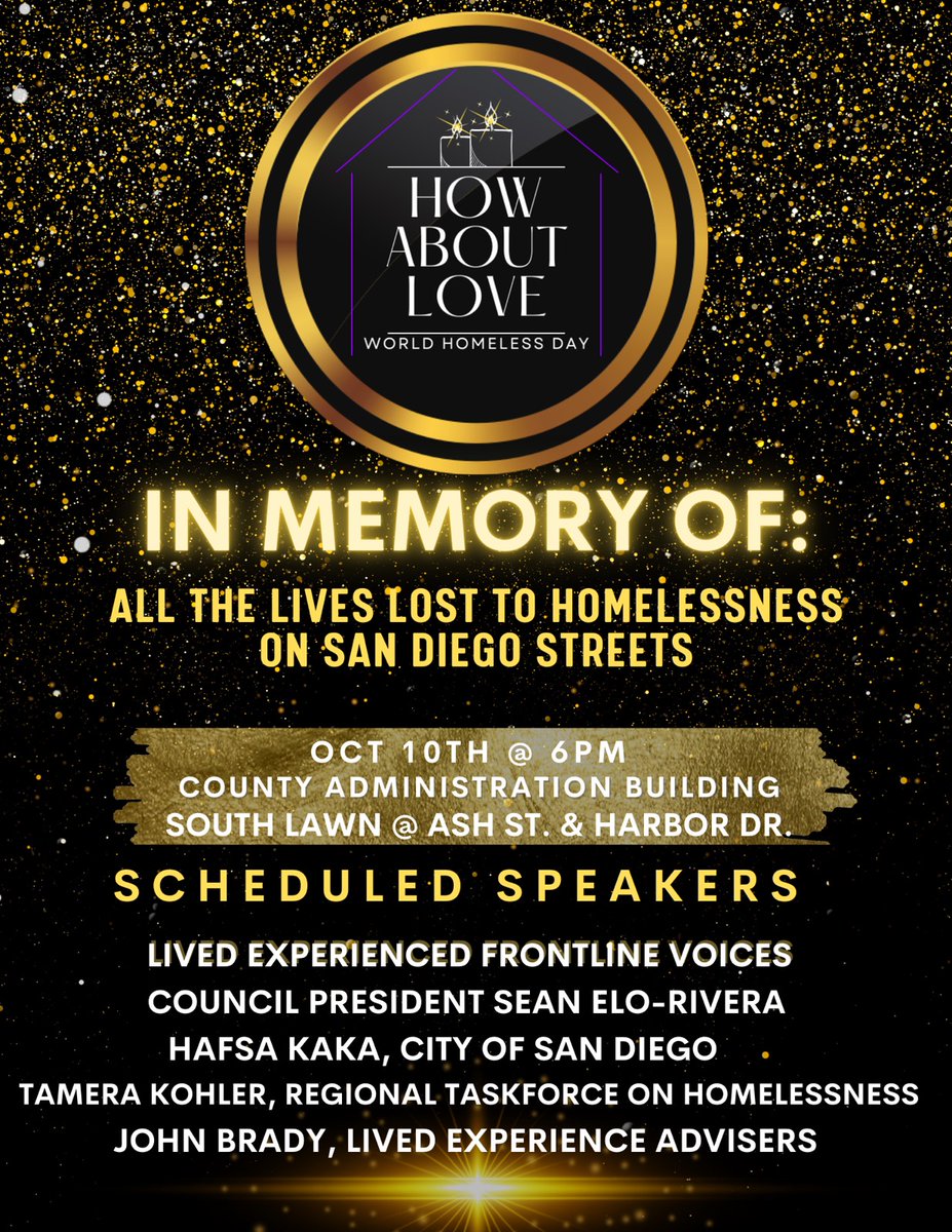 LivedAdvisors's tweet photo. This Monday is World Homelessness Day.  Please join us at 6 pm for a special remembrance of those who we have lost on our streets.  On the county admin building lawn @ the corner of Ash and Harbor.  @Housing4Hmless @housing_4_all @SDHFtweets https://t.co/JU9eyyHXBc