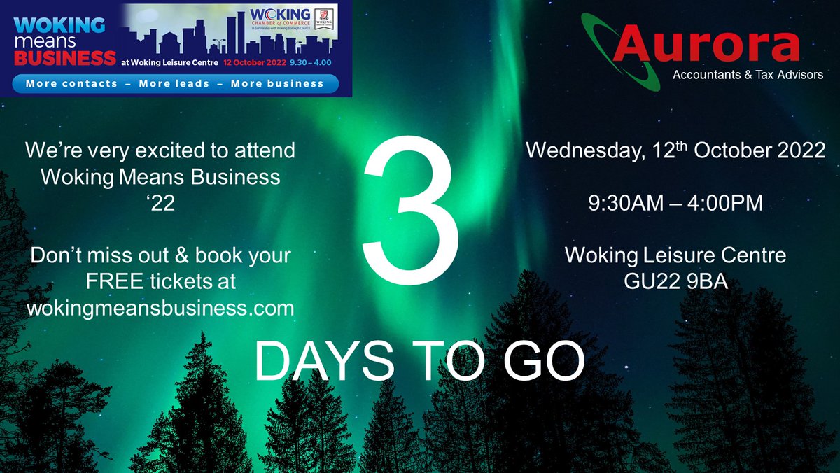 aurora_tax's tweet photo. We’re very excited to attend @WokingMeansBiz on Wednesday 12th October at Woking Leisure Centre. Doors open at 9:30AM - 4:00PM 

Don't miss out &amp; book your FREE tickets at https://t.co/iZAwDuTW9a
#wmb2022 #wokingevents #wokingbusiness https://t.co/4Tel9LiTlX