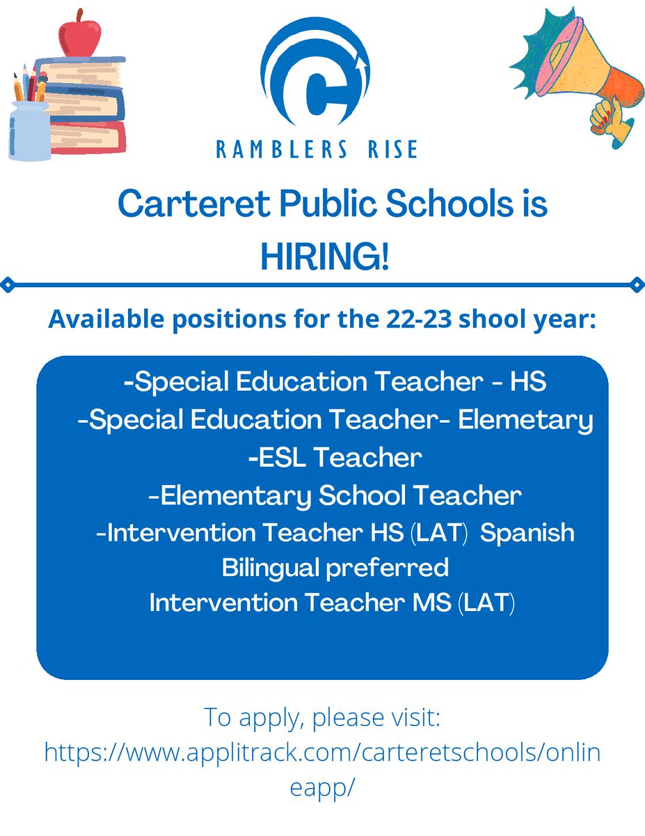 Carteret Public Schools is HIRING for the 22-23 school year!!