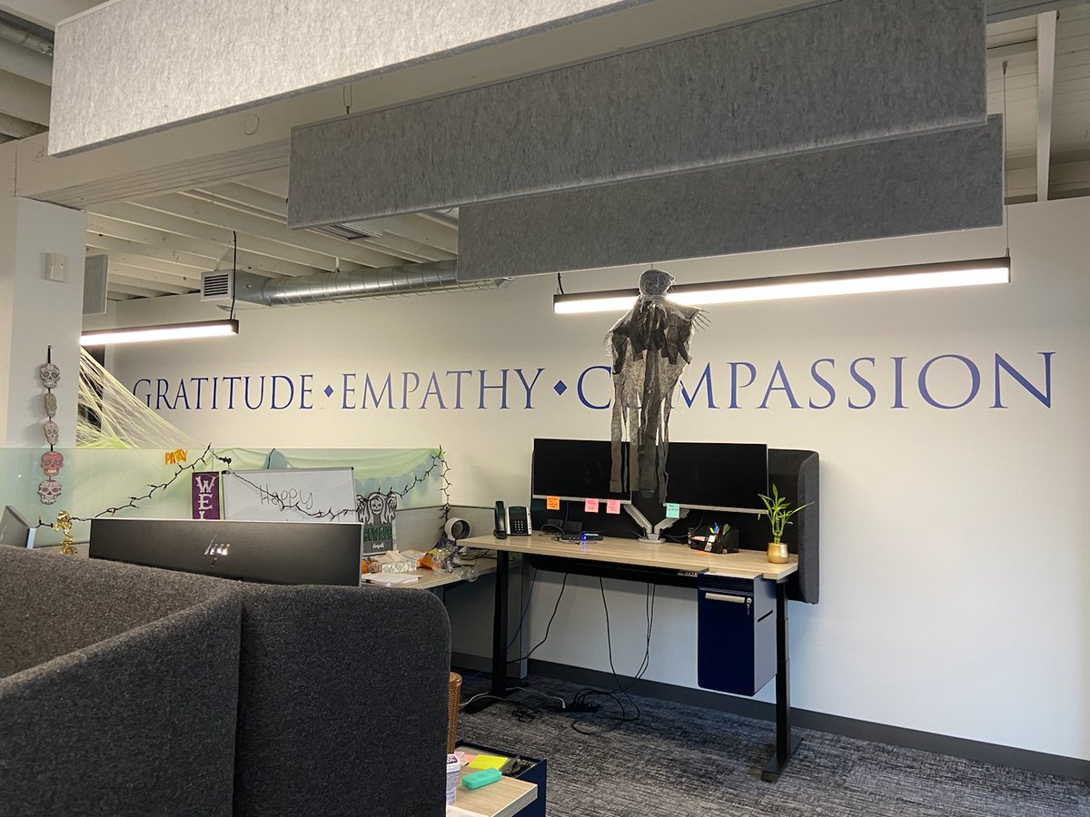 MatthewDubin's tweet photo. Our core values are so important we put them on the wall. It starts with how we treat each other and extends to our clients and the world. And yes, the #halloween decorations are up. #dubinlaw https://t.co/8kBlOkc9qY