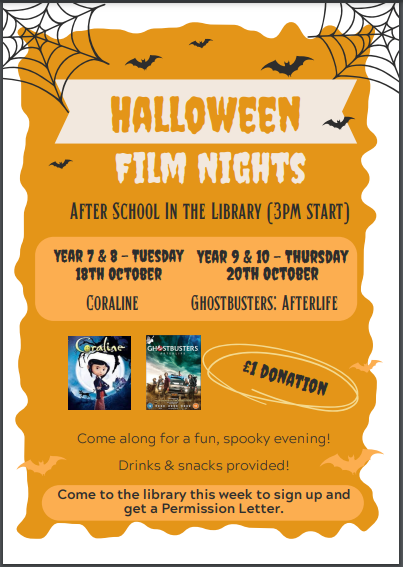 PhilipsHigh's tweet photo. Come along to the Halloween Film Nights in the library after school, the week before half term (Year 7 - Year 10). Come to the library next week to sign up and pick up a permissions letter. #FilmNights #Spooky https://t.co/l9CgMTRSiV