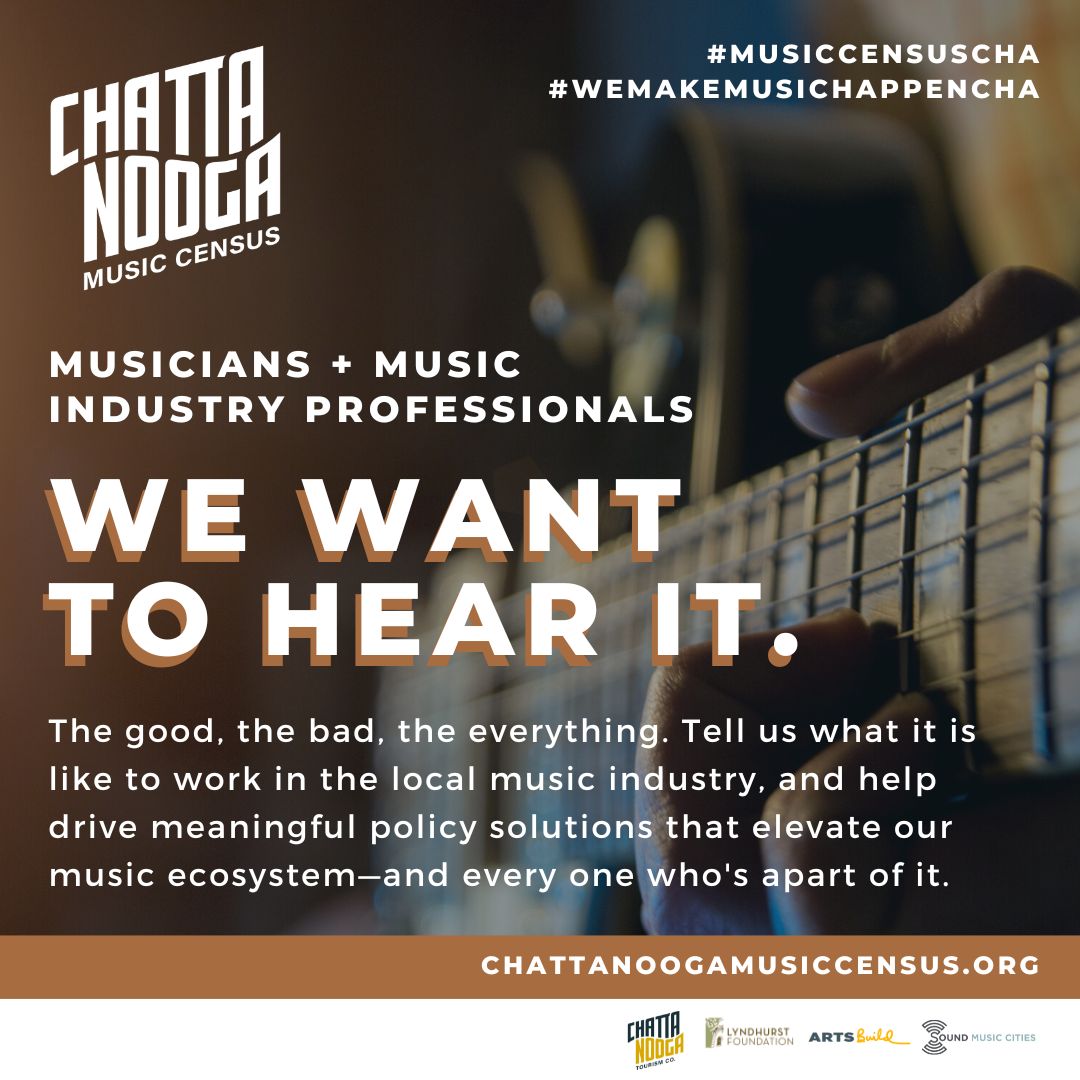 The Chattanooga Music Census is live for all musicians and music industry professionals in Chattanooga and surrounding areas. Share your experience and make your voice heard! 
 
Take the survey: visitchattanooga.com/music-census/
#MusicCensusCha #WeMakeMusicHappenCha