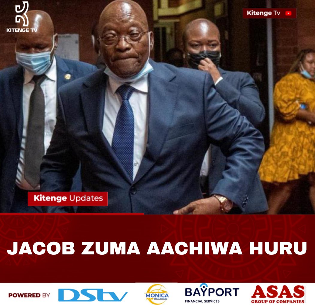 mshambuliaji's tweet photo. Rais wa zamani wa Afrika Kusini Jacob Zuma ameachiliwa huru baada ya muda wake wa kutumikia kifungo jela kumalizika kwa makosa ya kudharau Mahakama.

Zuma alihukumiwa miezi 15 jela mwaka jana baada ya kupuuza maagizo ya kushiriki kwenye uchunguzi kuhusu ufisadi.

#KitengeUpdates https://t.co/GFl92mq1Y7