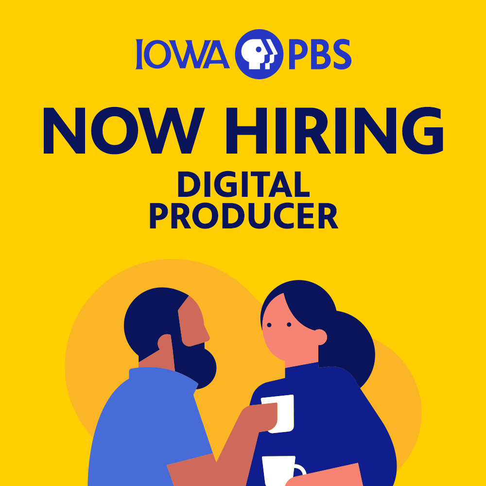 IowaPBS's tweet photo. We're hiring! If you like social media, short-form video, and creating content for new platforms, apply to be a digital producer in our Emerging Media department >>> https://t.co/krHBpEoh0V #iowajobs #pubmediajobs https://t.co/DgCHFVlQif