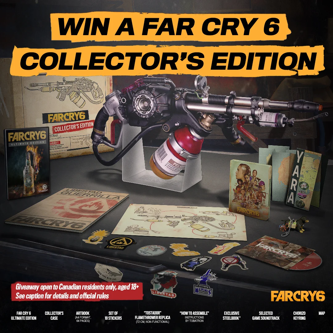 Graphic of Far Cry 6 Giveaway, displaying items included in the Collector’s Edition
