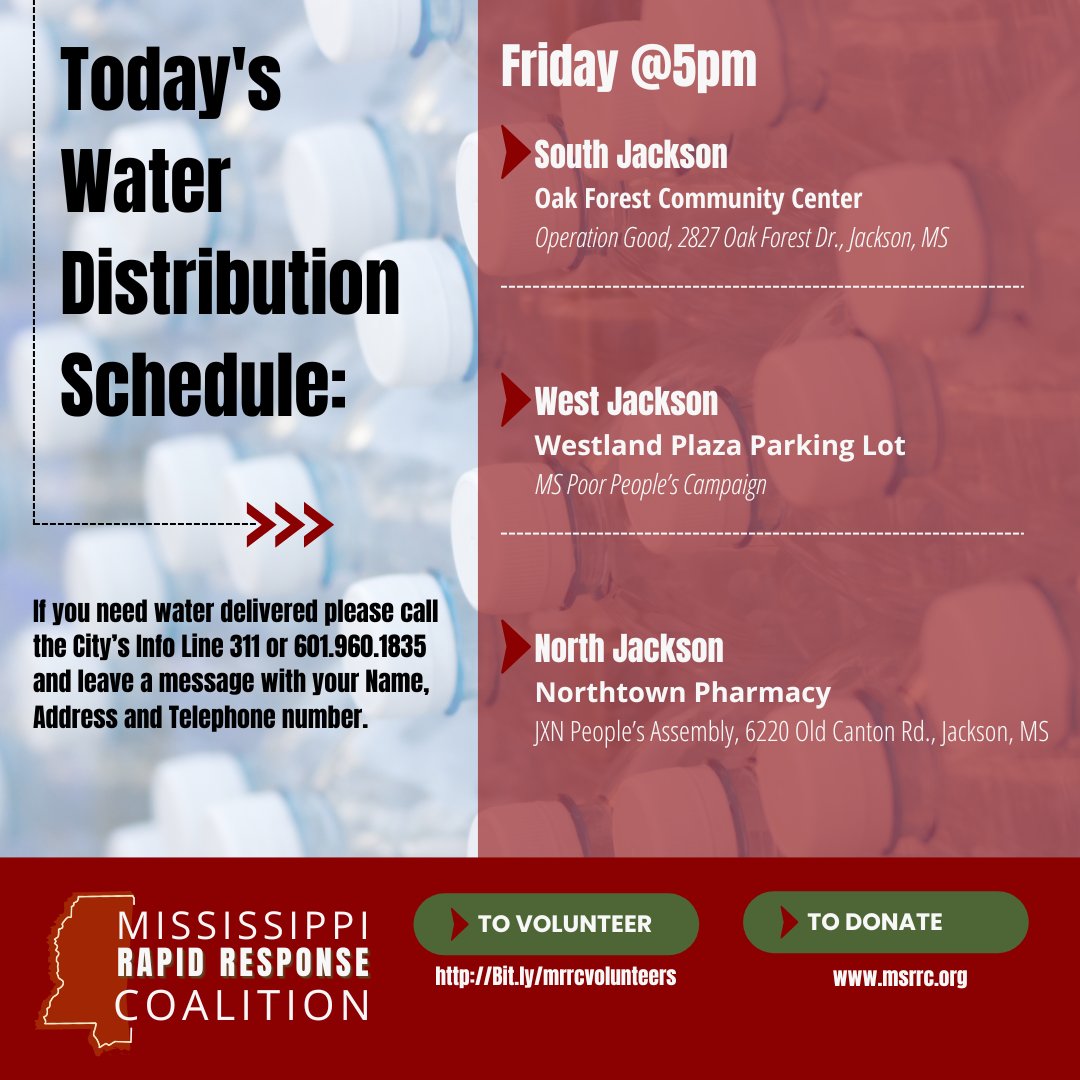lumumbasvision's tweet photo. Here is today's MRRC water distribution schedule!

We will be distributing water at the Oak Forest Community Center, the Westland Plaza Parking Lot, and Northtown Pharmacy starting at 5 PM. https://t.co/cilSQMxD0i