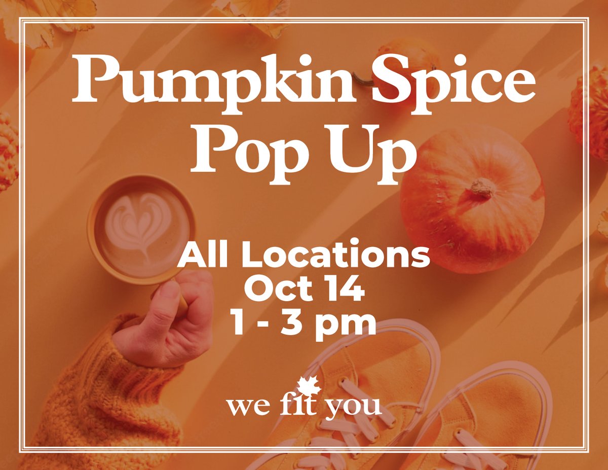 Spice up your shopping experience at one of our locations on Friday, Oct 14 and get a FREE cup of a pumpkin spice latte and some treats! Don't miss out. We will have the pop up at all of our locations from 1 pm to 3 pm! #Pumpkinspice #popup #free #shoplocal  #tgif #WeFitYou