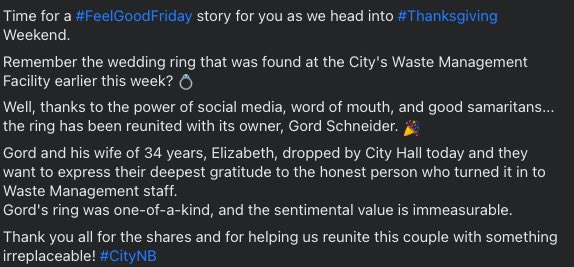 We’re not crying, you’re crying… check out this heartwarming story about a local couple reunited with an irreplaceable wedding ring thanks to a #GoodSamaritan. 

The power of #socialmedia and a small town with honest citizens! ♥️ #citynb #GoodNewsStory #Thanksgiving