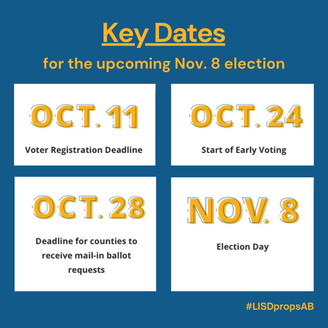 Are you registered to vote? The deadline is Tuesday, Oct. 11. Review this and other important dates below.

Register here: vrapp.sos.state.tx.us/index.asp
Verify your registration status: teamrv-mvp.sos.texas.gov/MVP/mvp.do

Propositions A&amp;B information: leanderisd.org/elections/

#LISDpropsAB