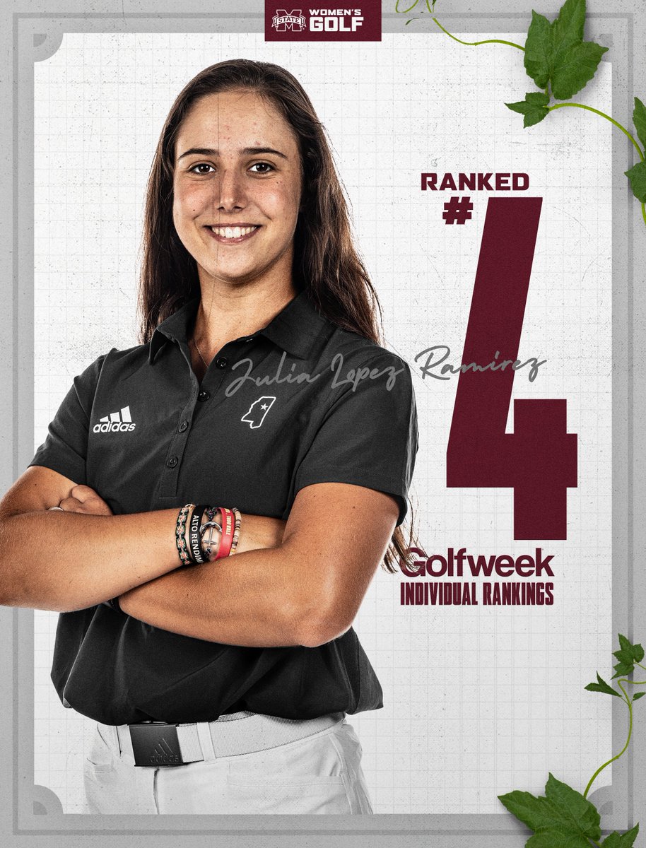 HailStateWG's tweet photo. 𝗝𝘂𝗹𝗶𝗮 𝗟𝗼𝗽𝗲𝘇 𝗥𝗮𝗺𝗶𝗿𝗲𝘇 𝗖𝗹𝗶𝗺𝗯𝘀 𝗧𝗼 𝗡𝗼. 𝟰‼️

After winning her 4th career individual title, Julia finds herself ranked 4th in the latest @golfweek rankings!

She is 7-3 against individuals ranked in the top 25 and 169-6 against the field 👏

#HailState🐶 https://t.co/nRb3qjnVZ4