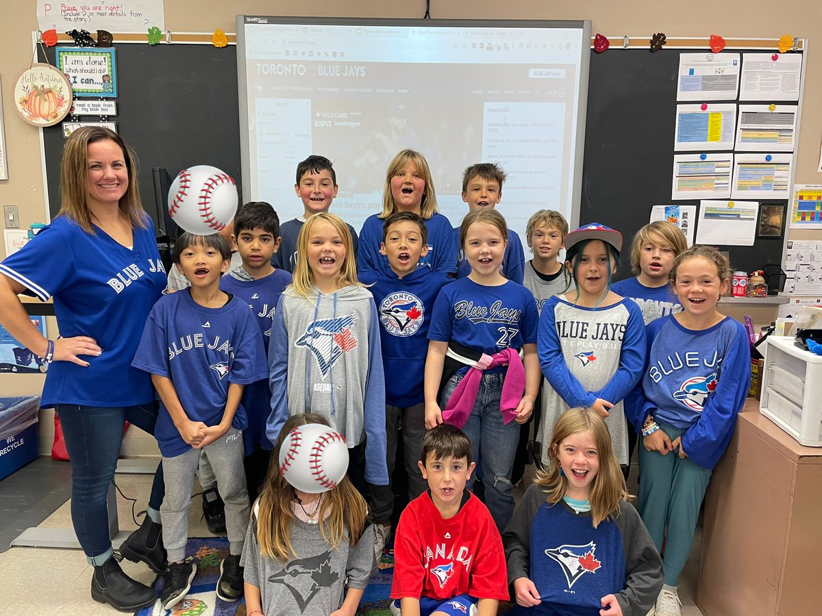 <a href="/EIMGrade3/">E. I. McCulley - Grade 3</a> are ready to cheer on the <a href="/BlueJays/">Toronto Blue Jays</a> today!!!  A few students came with Jays’ gear on.  Ms. Hughes made sure to bring in some of her own to share, so everyone was decked out! Go Jays Go! #NextLevel #ALWildCard <a href="/EIMJaguars/">E.I. McCulley</a> <a href="/thehazelmae/">Hazel Mae</a> <a href="/SNETCampbell/">Jamie Campbell</a> <a href="/SiddallJoe/">Joe Siddall</a>