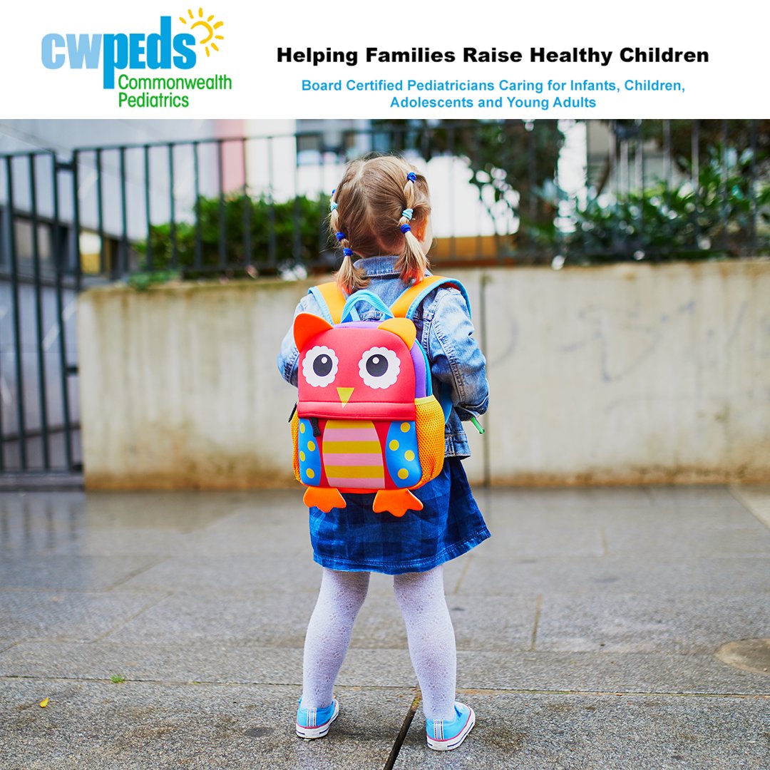 CommonwealthPed's tweet photo. How heavy is your kiddo's bookbag? The American Academy of Pediatrics recommends that your child's backpack weigh no more than 10 to 15 percent of their body weight. 🎒 https://t.co/wJNpuEafhD