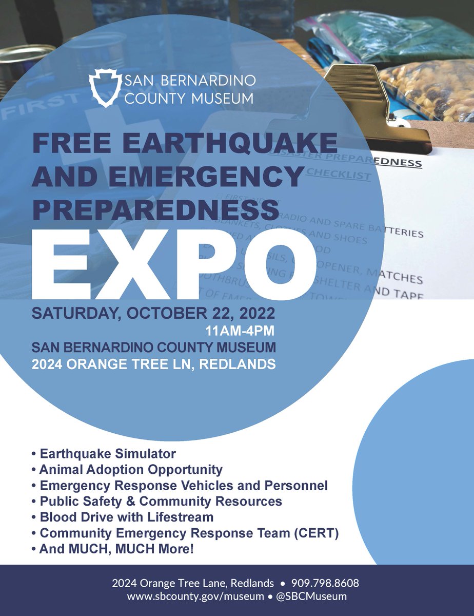 SBCountyMuseum's tweet photo. 🚒🚑🚓 Join us in two weeks on Saturday, Oct. 22nd for the FREE Earthquake and Emergency Preparedness Expo at San Bernardino County Museum from 11am-4pm.
#DropCoverHoldOn #ShakeOut #SBCShakeOut #SBSafe #Vision4Safety https://t.co/SkXU27MQ62